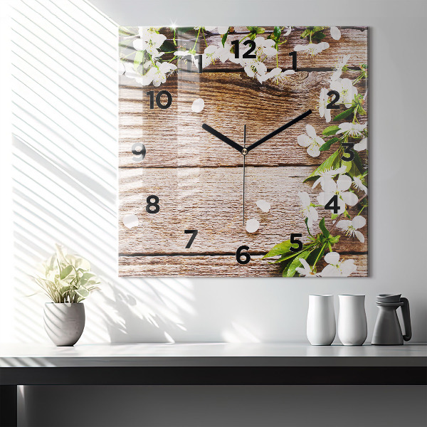 Horloge murale carrée Fleurs sur bois