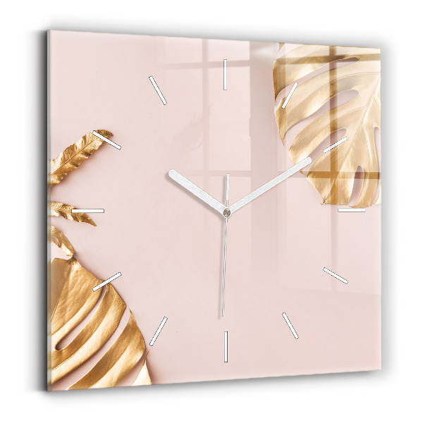 Pendule carrée en verre Feuilles tropicales dorées