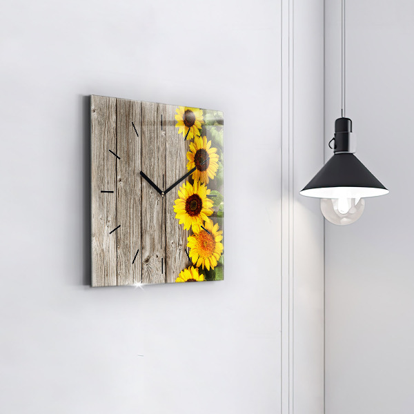 Horloge carrée en verre Tournesols sur planches