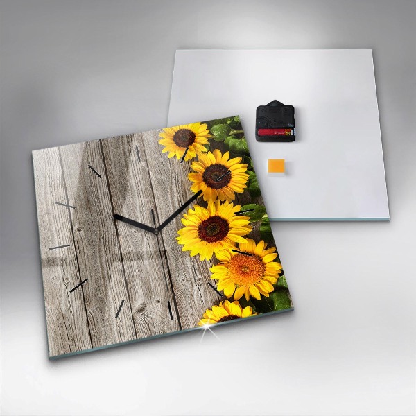 Horloge carrée en verre Tournesols sur planches
