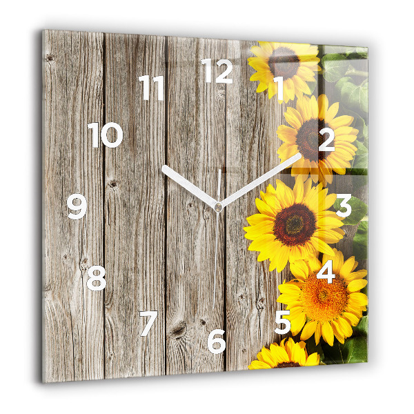 Horloge carrée en verre Tournesols sur planches
