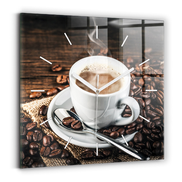 Horloge murale carrée Tasse et grains de café