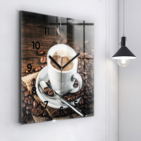 Horloge murale carrée Tasse et grains de café