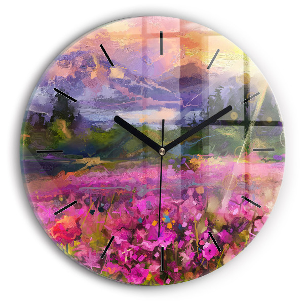 Pendule murale ronde Prairie au coucher du soleil