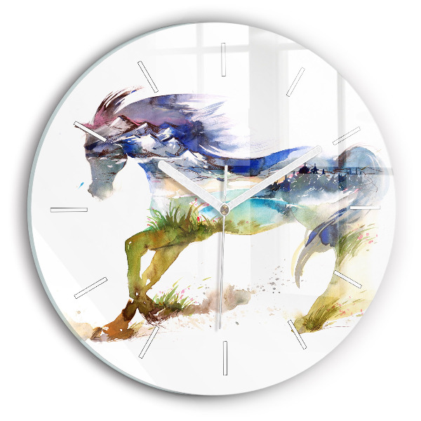 Horloge ronde Montagnes peintes et cheval