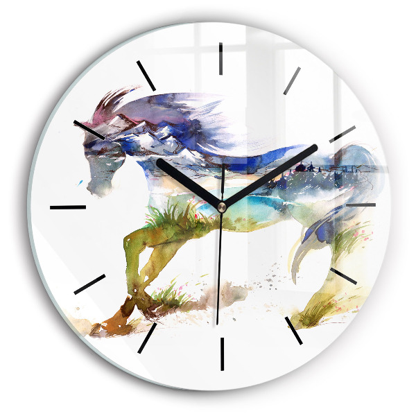 Horloge ronde Montagnes peintes et cheval