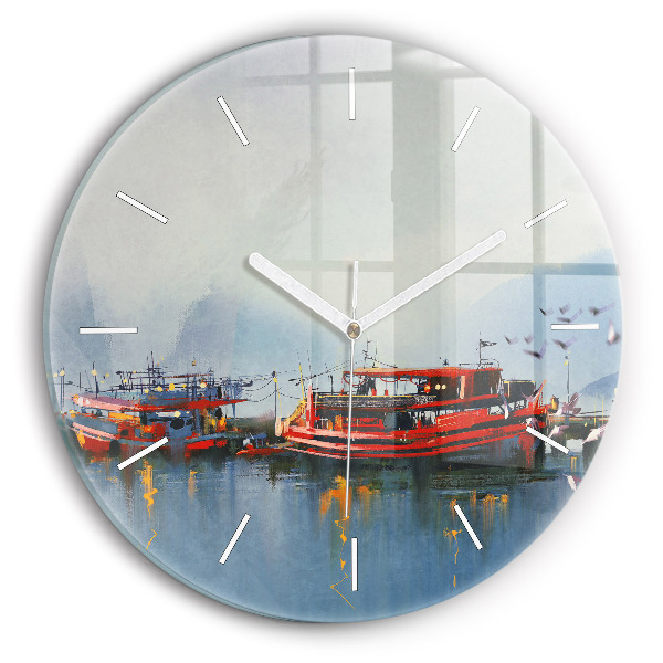 Pendule murale ronde Bateau de pêche au port