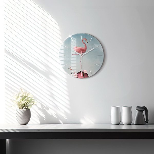 Pendule murale ronde Flamant rose surréaliste