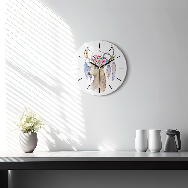 Horloge ronde Tête de cerf et fleurs