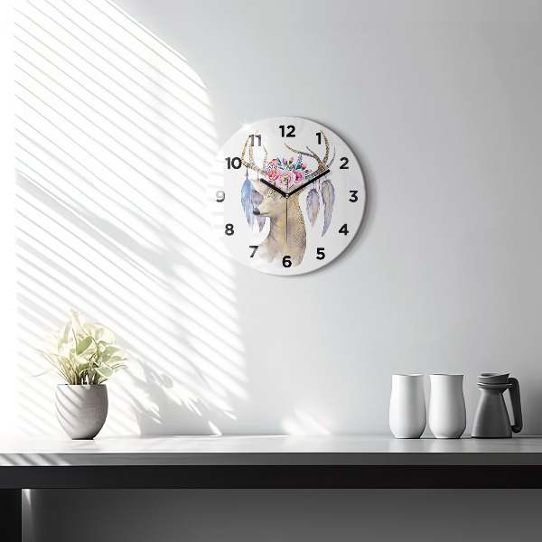 Horloge ronde Tête de cerf et fleurs