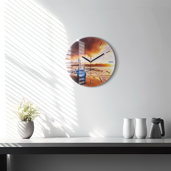 Horloge ronde Bateau et coucher de soleil