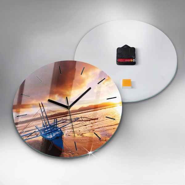 Horloge ronde Bateau et coucher de soleil