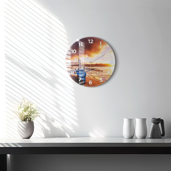 Horloge ronde Bateau et coucher de soleil