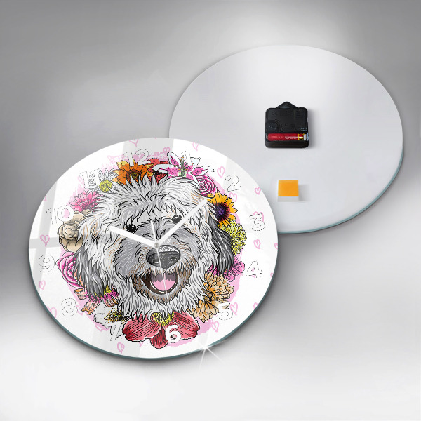 Horloge ronde Chien heureux dans les fleurs