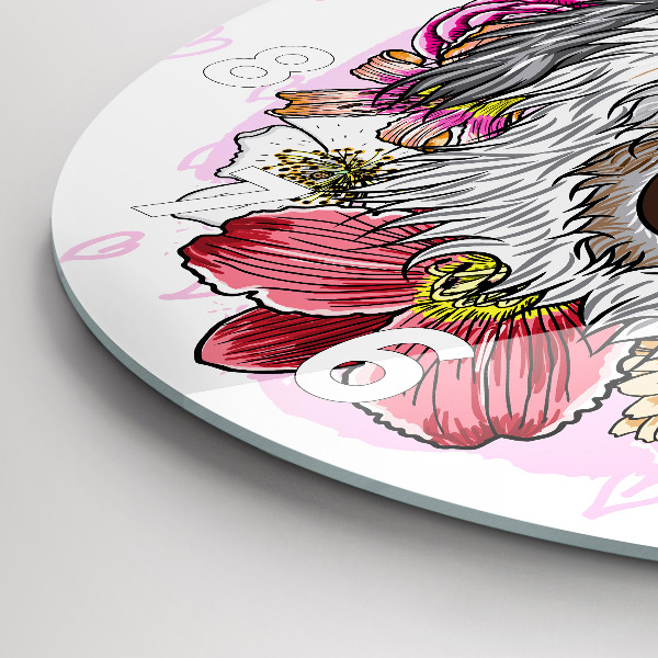 Horloge ronde Chien heureux dans les fleurs