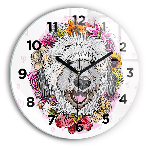 Horloge ronde Chien heureux dans les fleurs