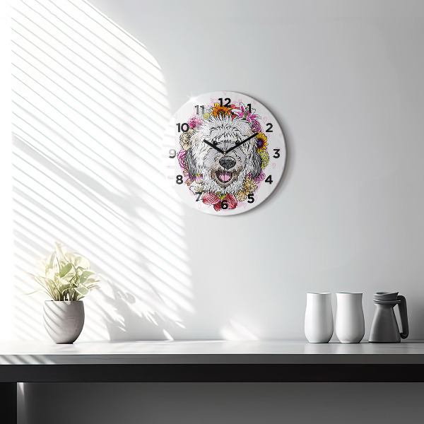 Horloge ronde Chien heureux dans les fleurs
