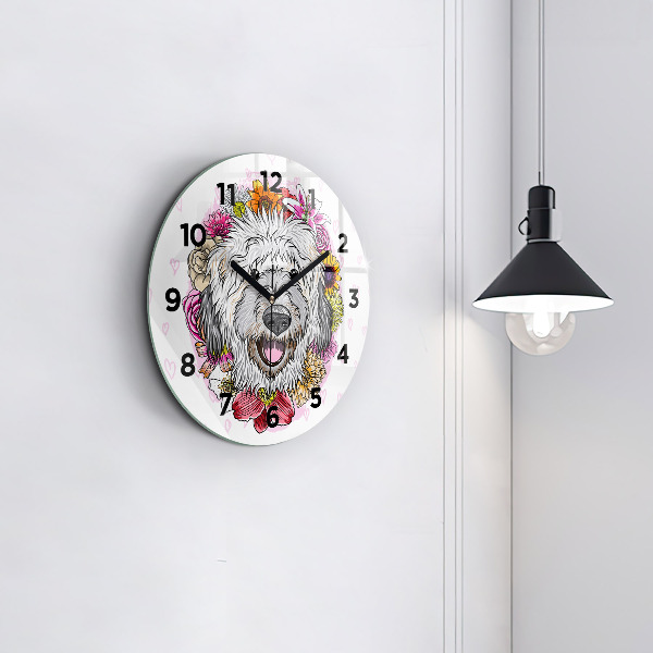 Horloge ronde Chien heureux dans les fleurs
