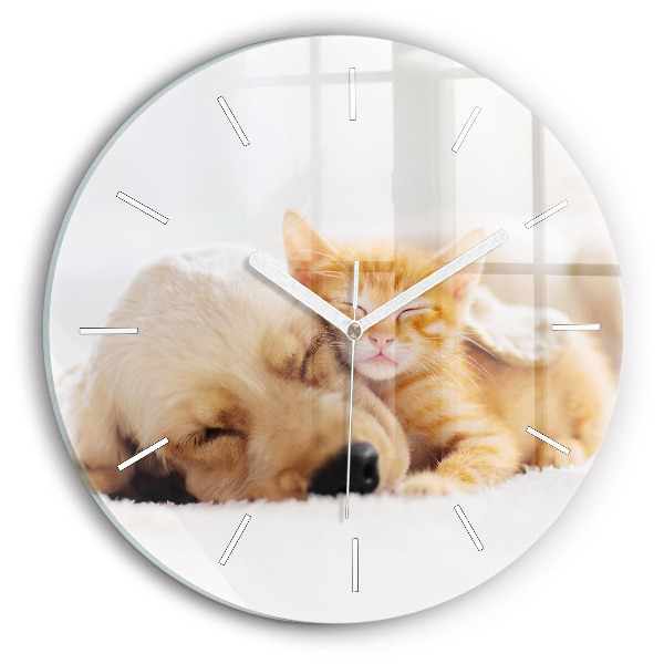 Pendule murale ronde Chat et chien endormis