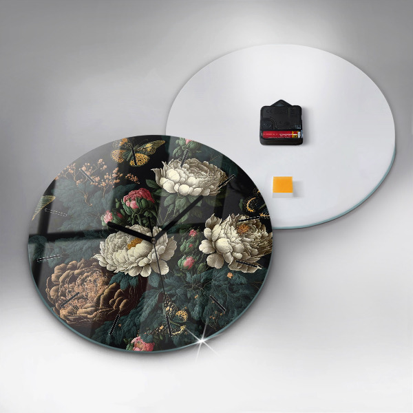 Horloge ronde Fleurs et papillons dorés