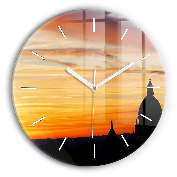 Pendule murale ronde Bâtiment et coucher de soleil