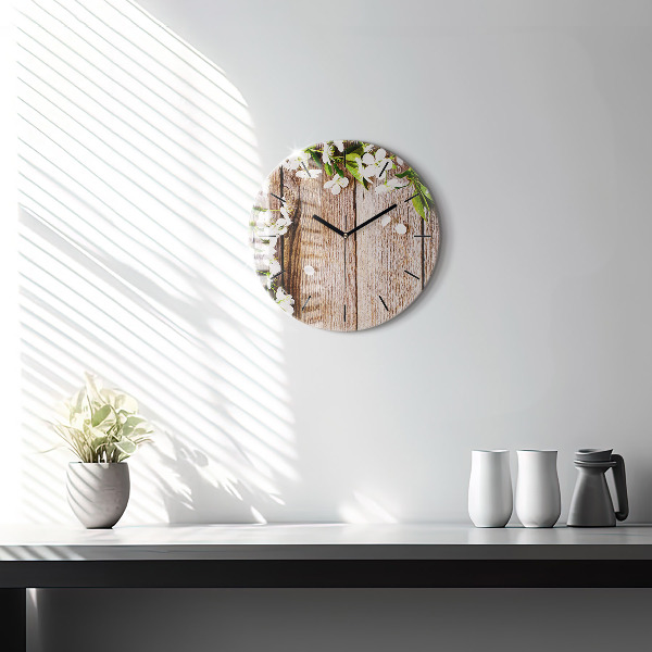 Horloge ronde Fleurs sur bois
