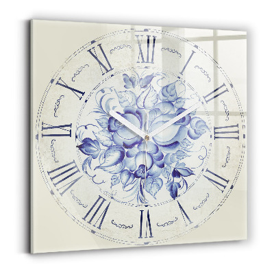 Horloge murale carrée élégant Fleurs bleues