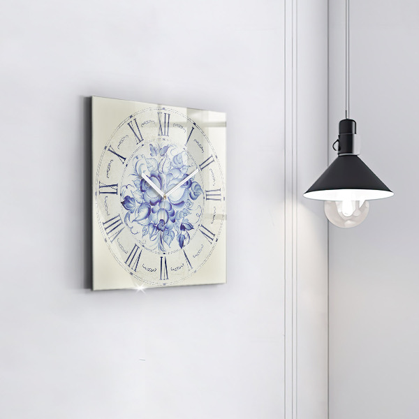 Horloge murale carrée élégant Fleurs bleues