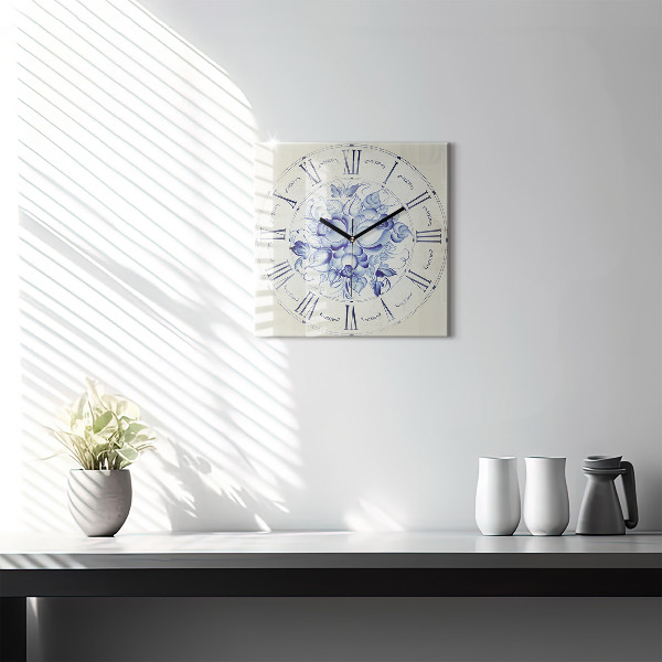 Horloge murale carrée élégant Fleurs bleues