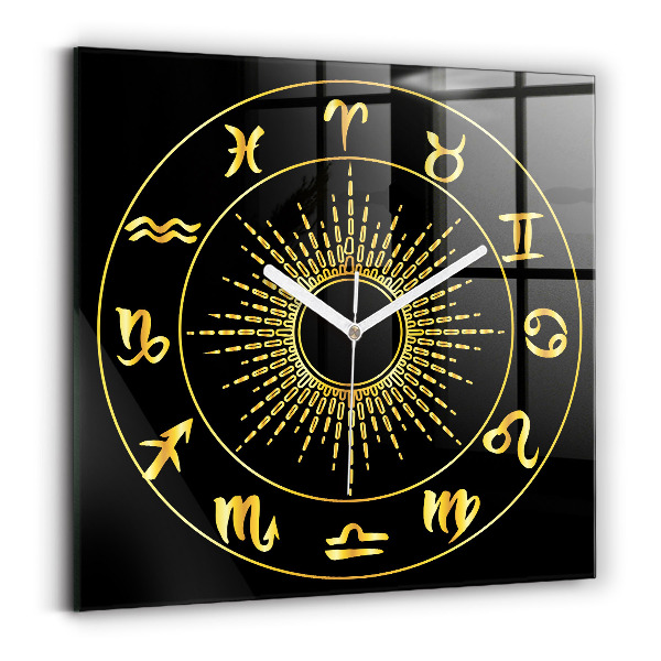 Horloge murale carrée élégant Signes du zodiaque dorés sur fond noir
