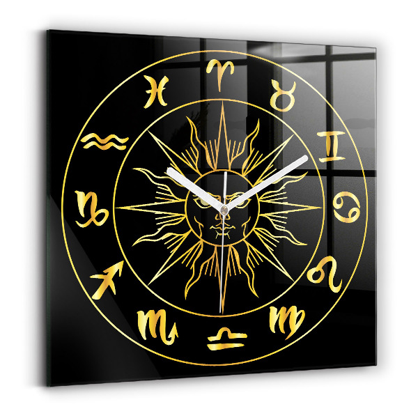 Horloge murale carrée élégant Signes du zodiaque dorés avec soleil